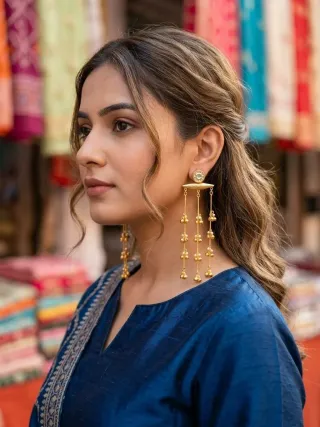 কপার কাশ্মীরি মাল্টি-চেইন ঘুঙুর ট্যাসেল কানের দুল - ছোট ছবি 5