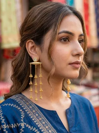 কপার কাশ্মীরি মাল্টি-চেইন ঘুঙুর ট্যাসেল কানের দুল - ছোট ছবি 6