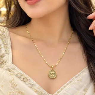 কপার রাউন্ড মেডালিয়ন পেন্ডেন্ট লং চেইন নেকলেস - ছোট ছবি 2