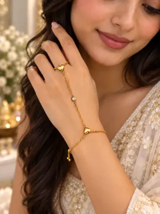 ১৮ ক্যারেট সোনালি রঙের স্টোন হ্যান্ড চেইন ব্রেসলেট, আংটিসহ - ছোট ছবি 10