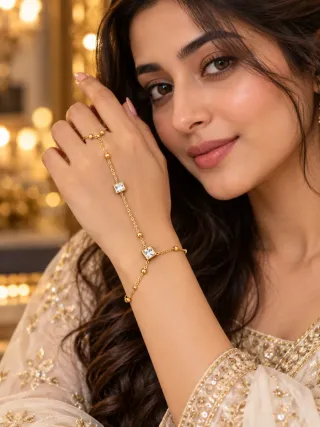 ১৮ ক্যারেট সোনালি রঙের স্টোন হ্যান্ড চেইন ব্রেসলেট, আংটিসহ - ছোট ছবি 11