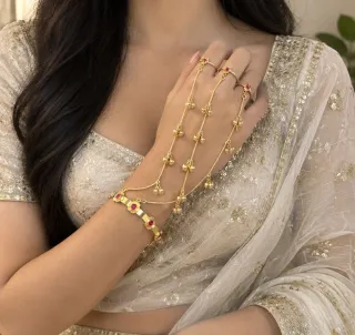 ঝুমকা ঘুঙুর ও লাল-সবুজ ফুলের কাফসহ কপার হাতফুল - ছোট ছবি 6