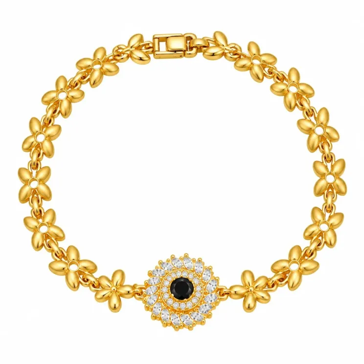 Gold-Tone Floral Link Bracelet - Black Gemstone