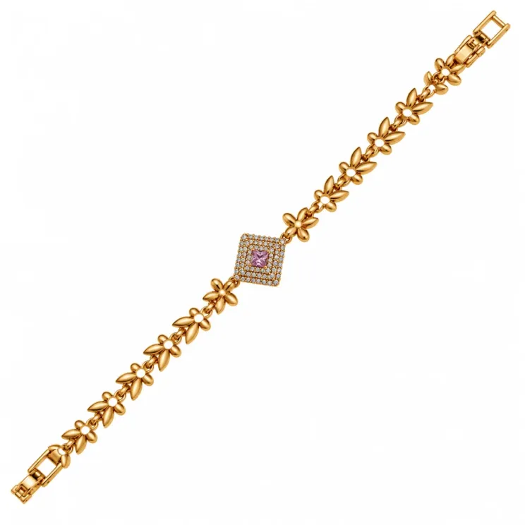 Gold-Tone Floral Square Gem Bracelet - Pink